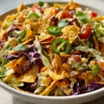Bowl of colorful Frito Cowboy Cabbage Salad with crunchy toppings and fresh ingredients
