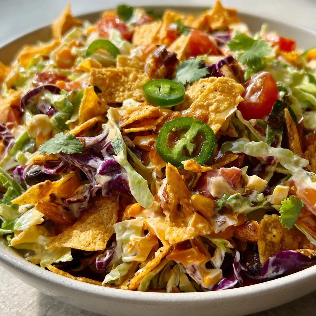 Bowl of colorful Frito Cowboy Cabbage Salad with crunchy toppings and fresh ingredients