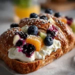 Loaf of Fruit Cream Sourdough bread with fresh fruits and cream toppings.