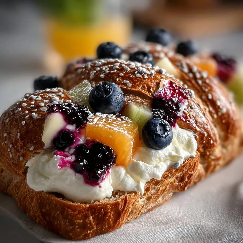 Loaf of Fruit Cream Sourdough bread with fresh fruits and cream toppings.
