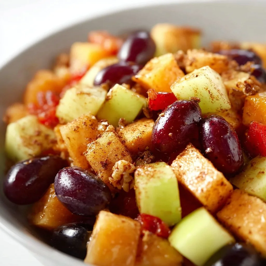 Colorful fruit salad topped with cinnamon orange dressing for added flavor