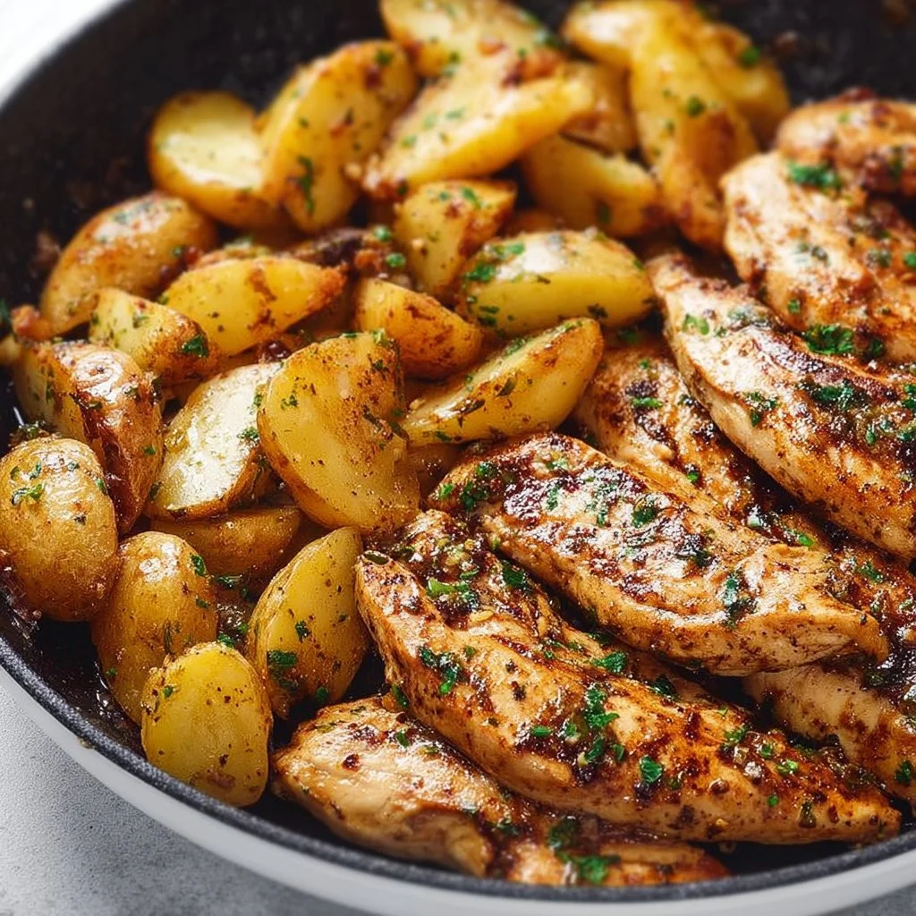 Delicious Garlic Butter Chicken and Potatoes Skillet served in a cast iron pan