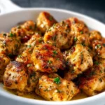 Plate of mouthwatering Garlic Butter Chicken Bites garnished with herbs.