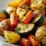 Garlic herb roasted potatoes, crispy and fluffy, served as a side dish.