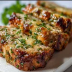 Delicious Garlic Parmesan Chicken Meatloaf served on a plate with herbs
