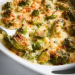 Delicious Garlicky Creamy Brussels Sprouts Au Gratin topped with cheese