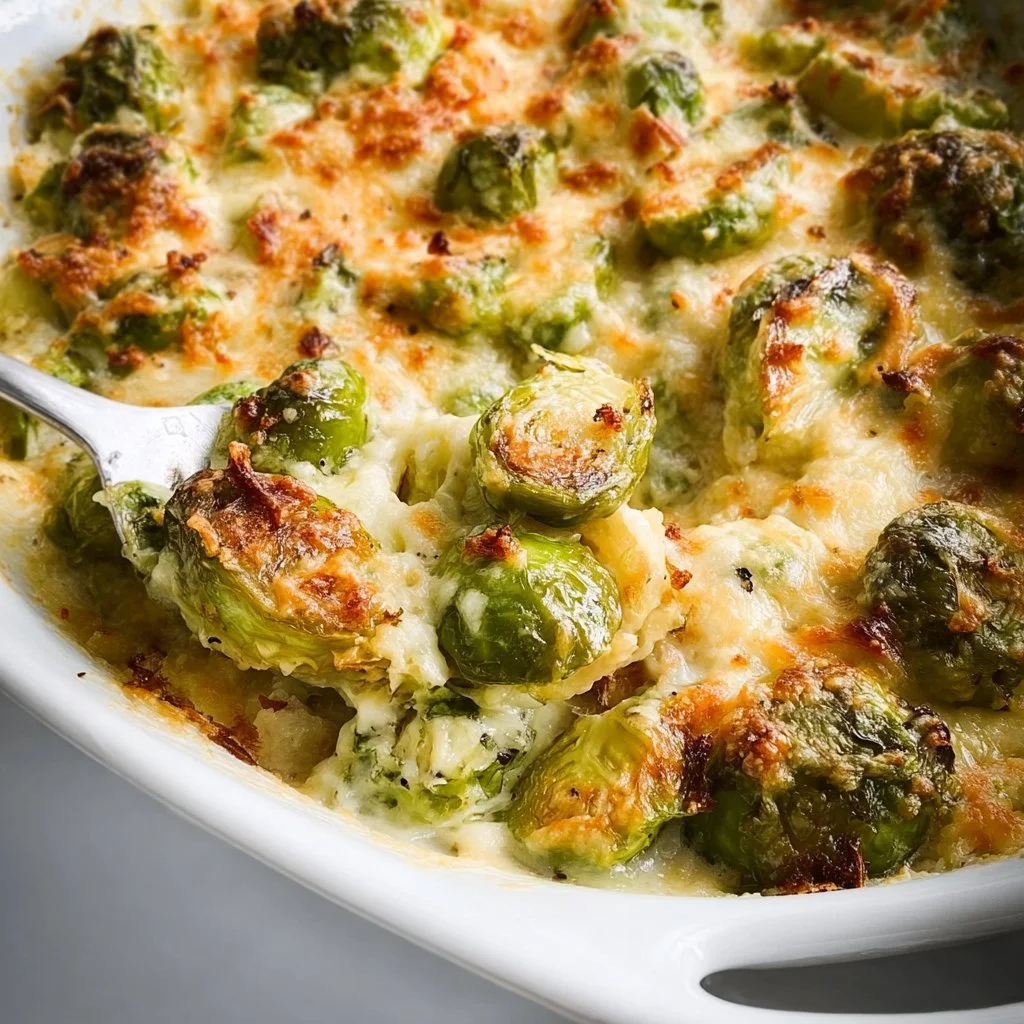 Delicious Garlicky Creamy Brussels Sprouts Au Gratin topped with cheese