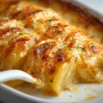 Delicious gratin potatoes topped with cheese and herbs, baked until golden.