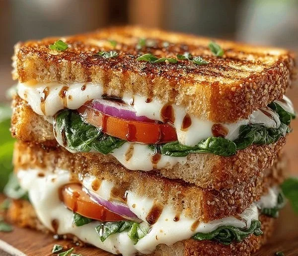 Grilled balsamic vinaigrette sandwich melt with melted cheese and fresh ingredients