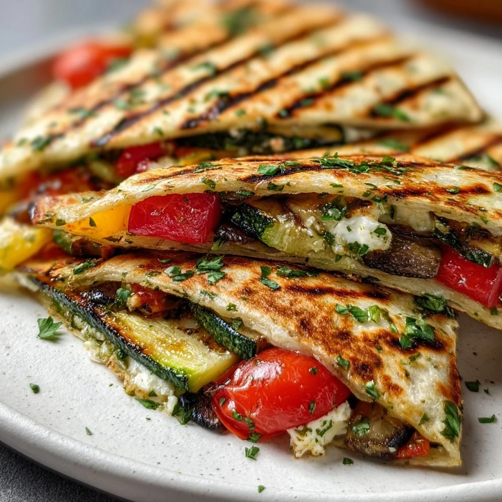 Grilled Mediterranean Veggie Quesadillas with colorful vegetables and herbs.