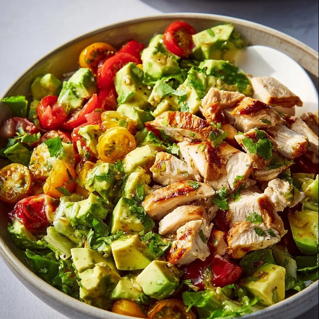 Healthy avocado chicken salad with vegetables and dressing