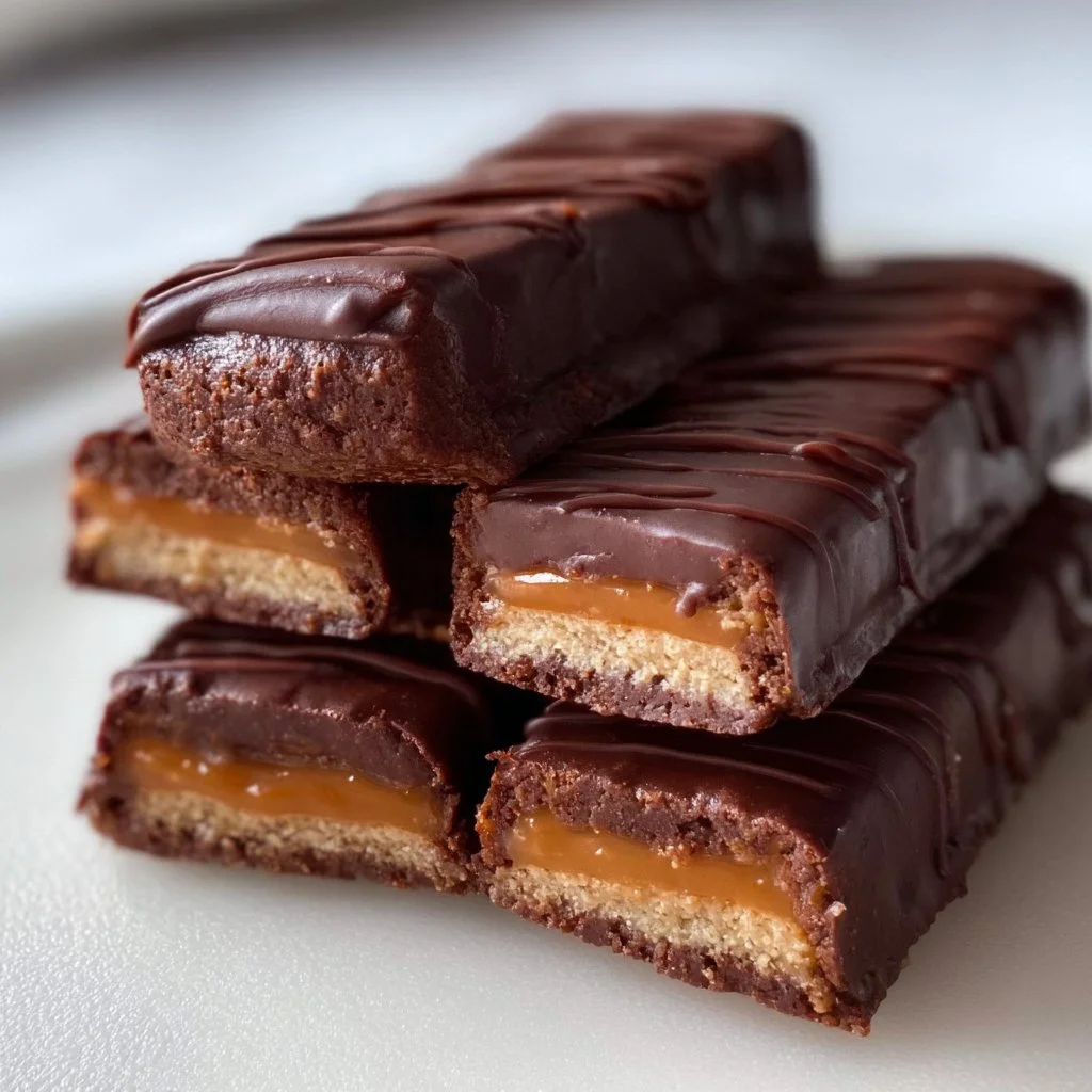 Homemade Healthy Twix Bars with a chocolate layer and a caramel filling