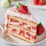 Homemade strawberry cake with fresh strawberries and whipped cream frosting