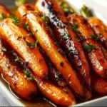 Honey balsamic roasted carrots on a serving dish, garnished and ready to enjoy.