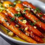 Delicious honey garlic butter roasted carrots on a serving plate