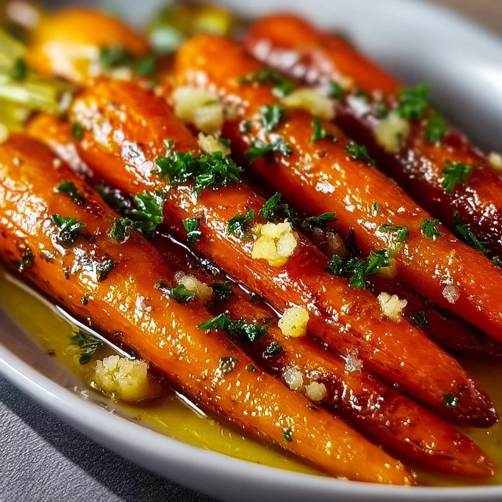Delicious honey garlic butter roasted carrots on a serving plate