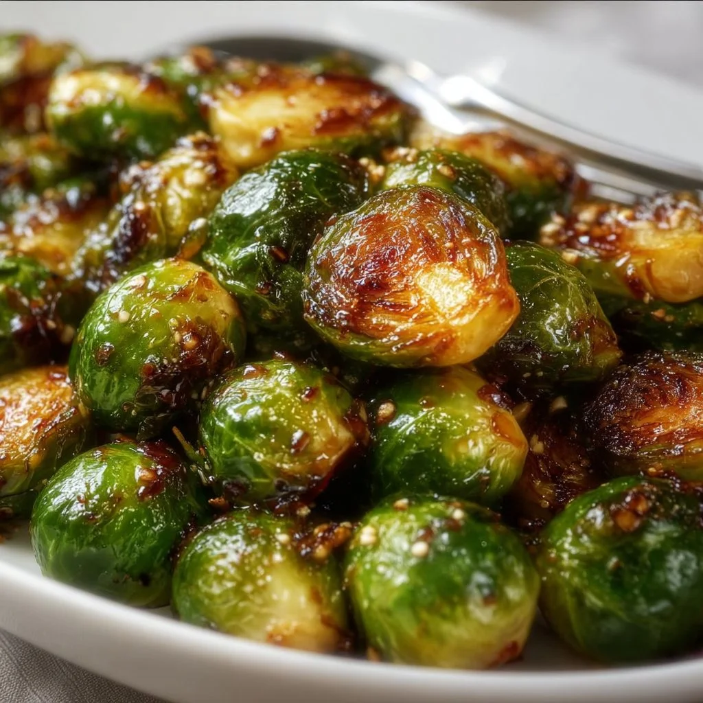 Plate of Honey Garlic Roasted Brussels Sprouts garnished for serving