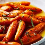 Plate of honey glazed carrots garnished with fresh herbs