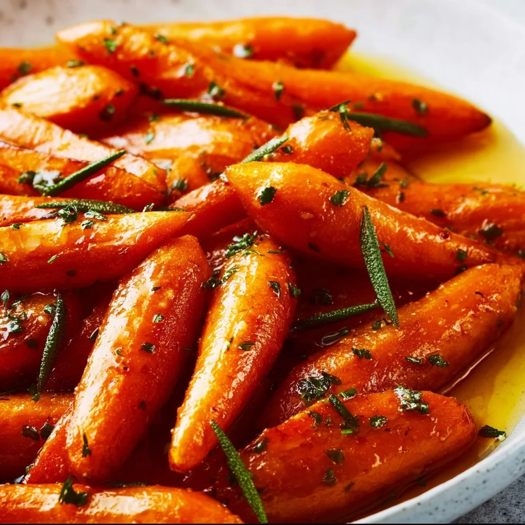 Plate of honey glazed carrots garnished with fresh herbs