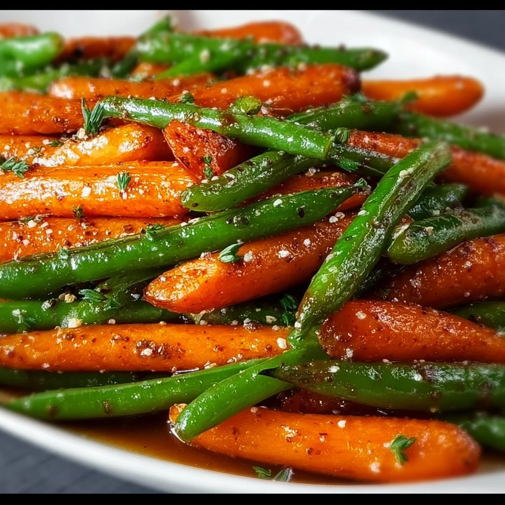 Honey glazed carrots and green beans served in a dish
