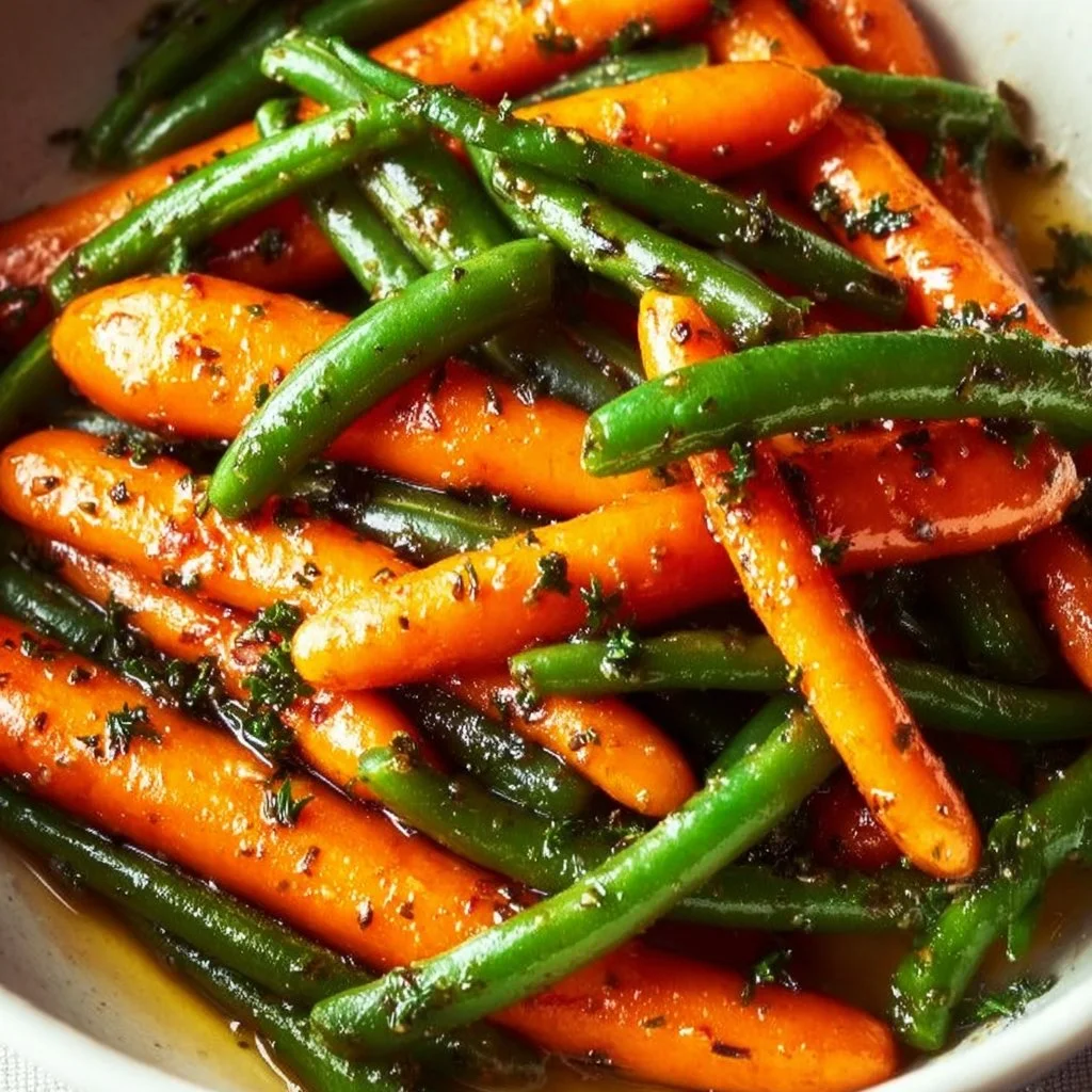 Delicious honey glazed carrots and green beans served on a plate