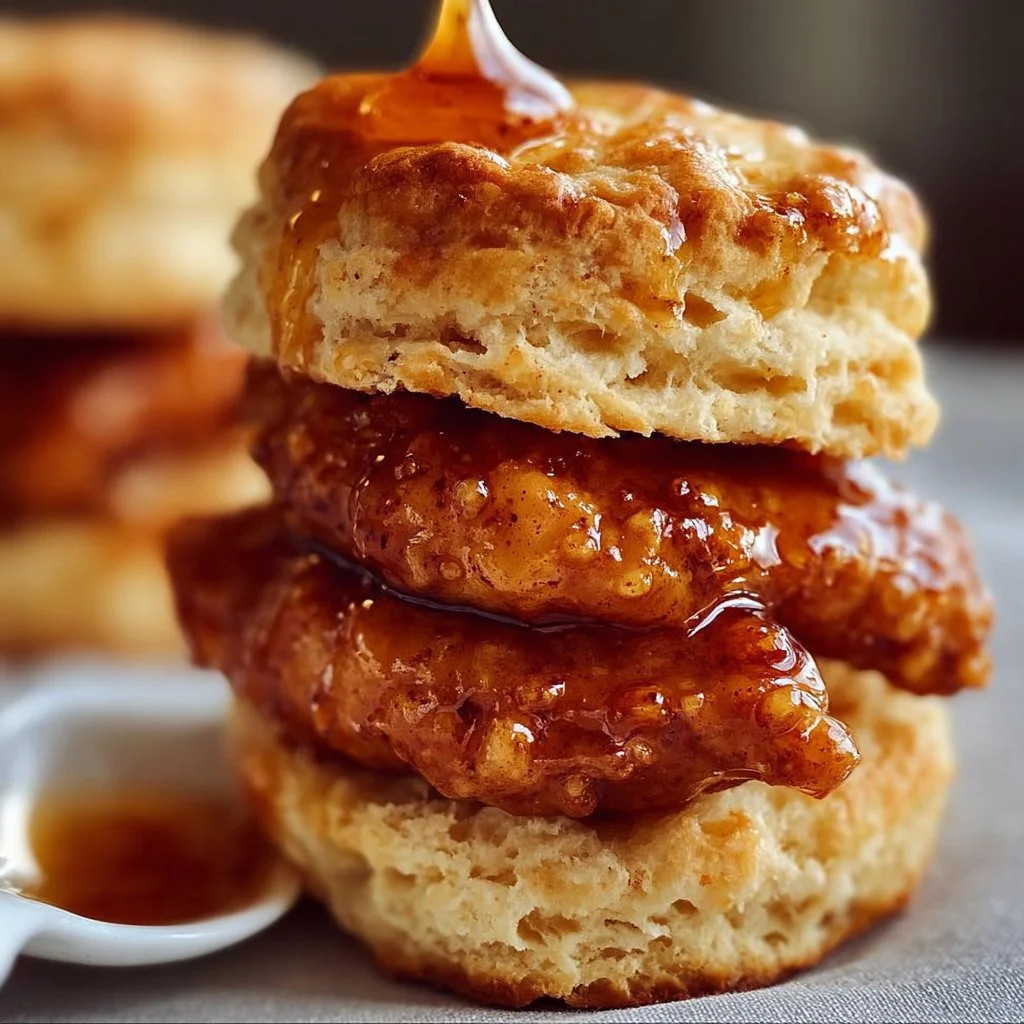 Hot Honey Chicken Biscuits served on a plate with honey drizzle