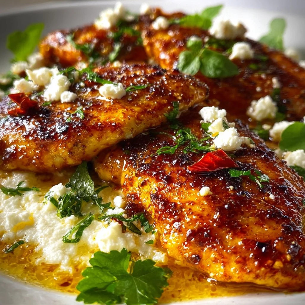 Hot Honey Feta Chicken served on a plate with herbs and spices