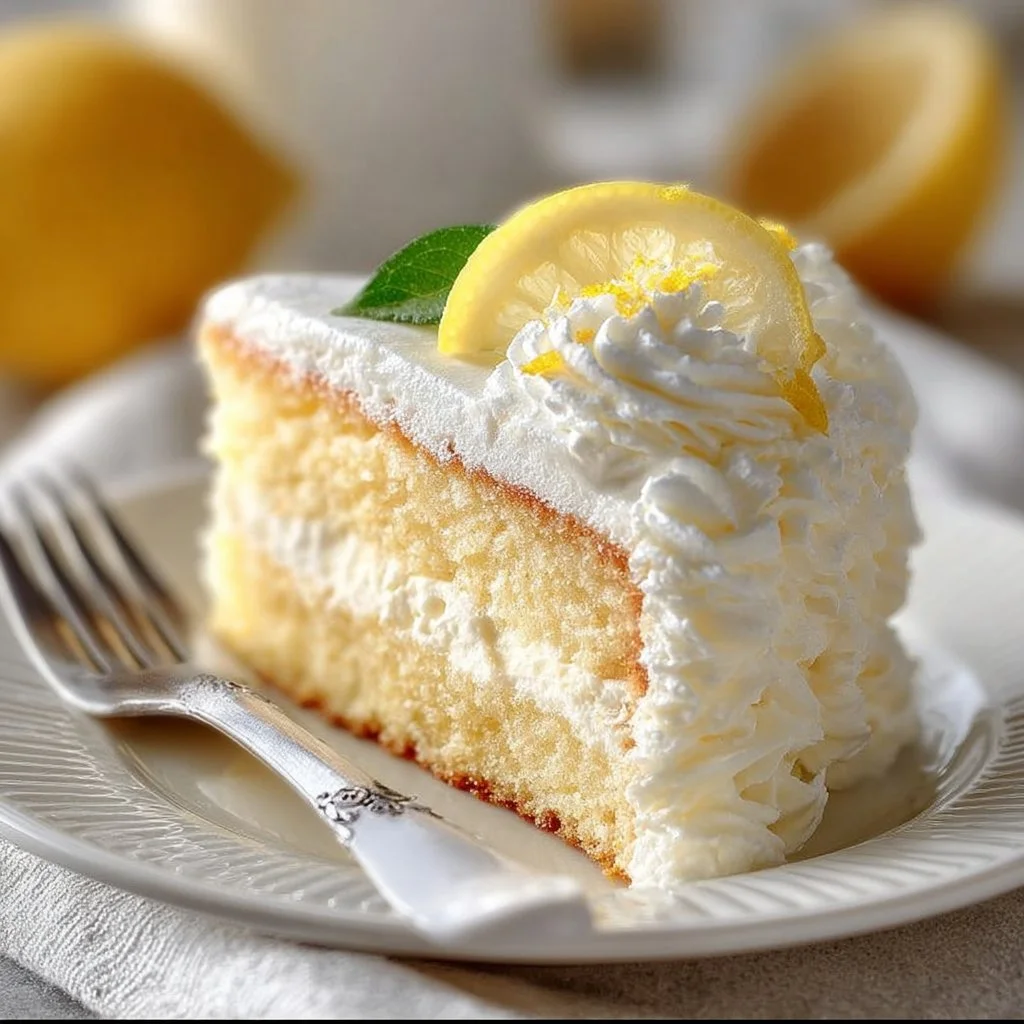 Slice of Italian Lemon Cream Cake with fresh lemon garnish