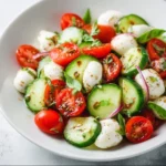 Juicy Cucumber Caprese Salad with fresh cucumbers, tomatoes, and mozzarella cheese.