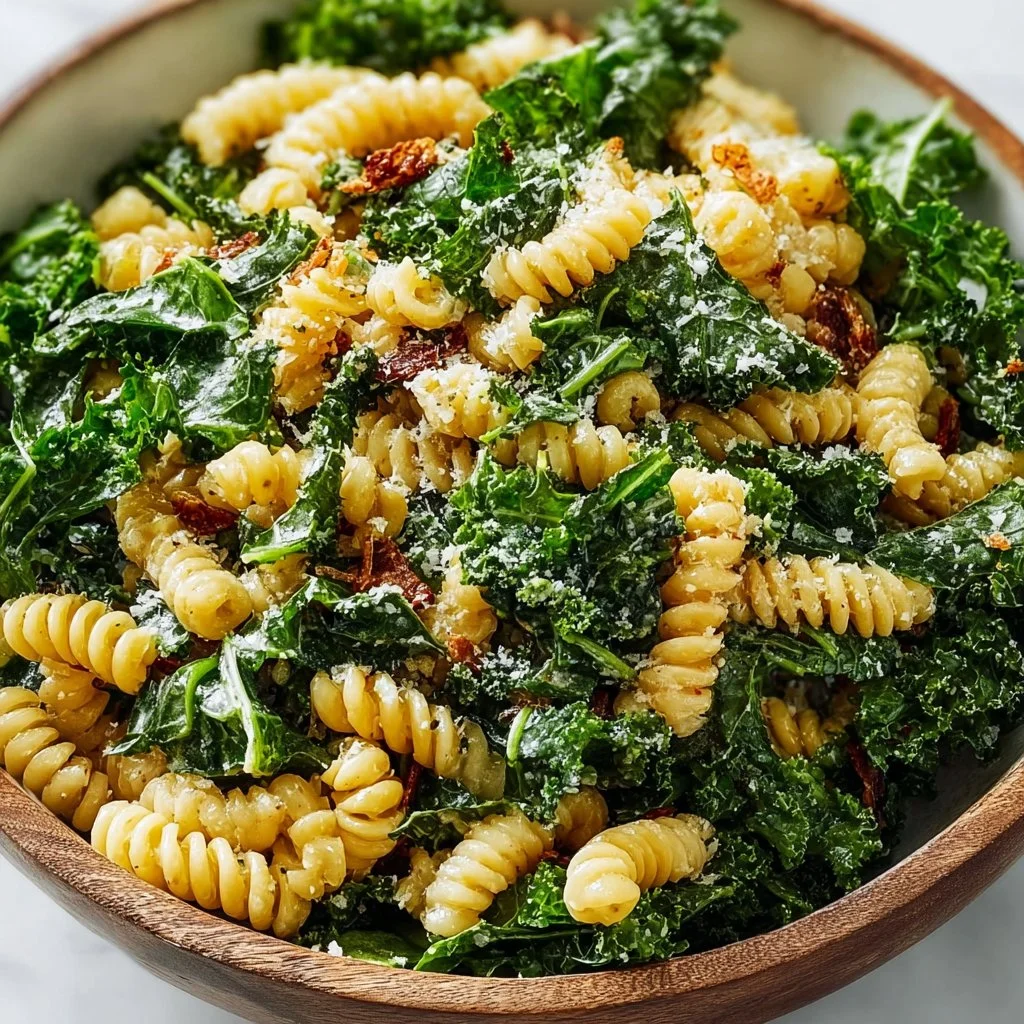 Kale Caesar Pasta Salad with fresh ingredients and creamy dressing
