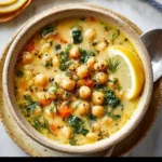 Bowl of Lemony Greek Chickpea Soup garnished with herbs and lemon slices