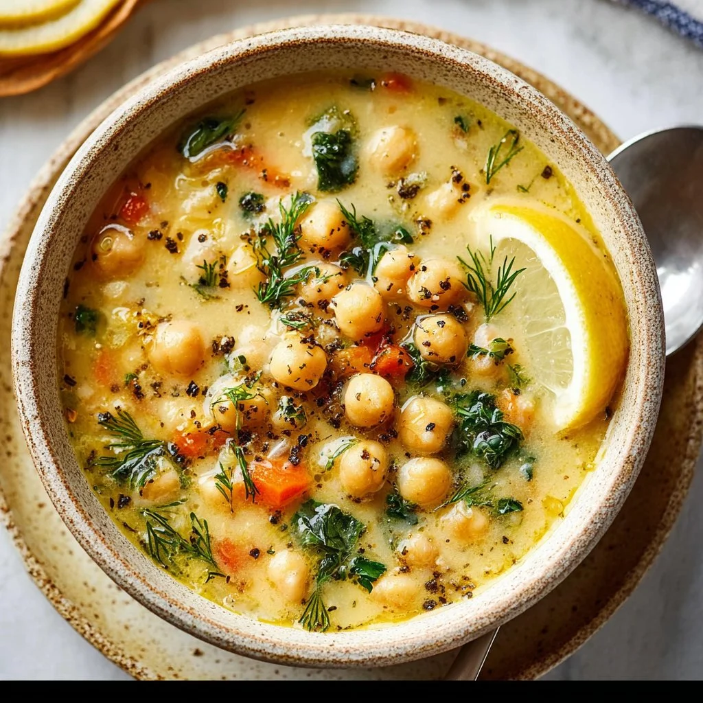 Bowl of Lemony Greek Chickpea Soup garnished with herbs and lemon slices