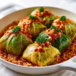 Delicious lentil and rice cabbage rolls on a plate garnished with herbs