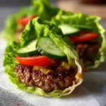 Delicious lettuce wrap burgers served on a plate with fresh toppings.