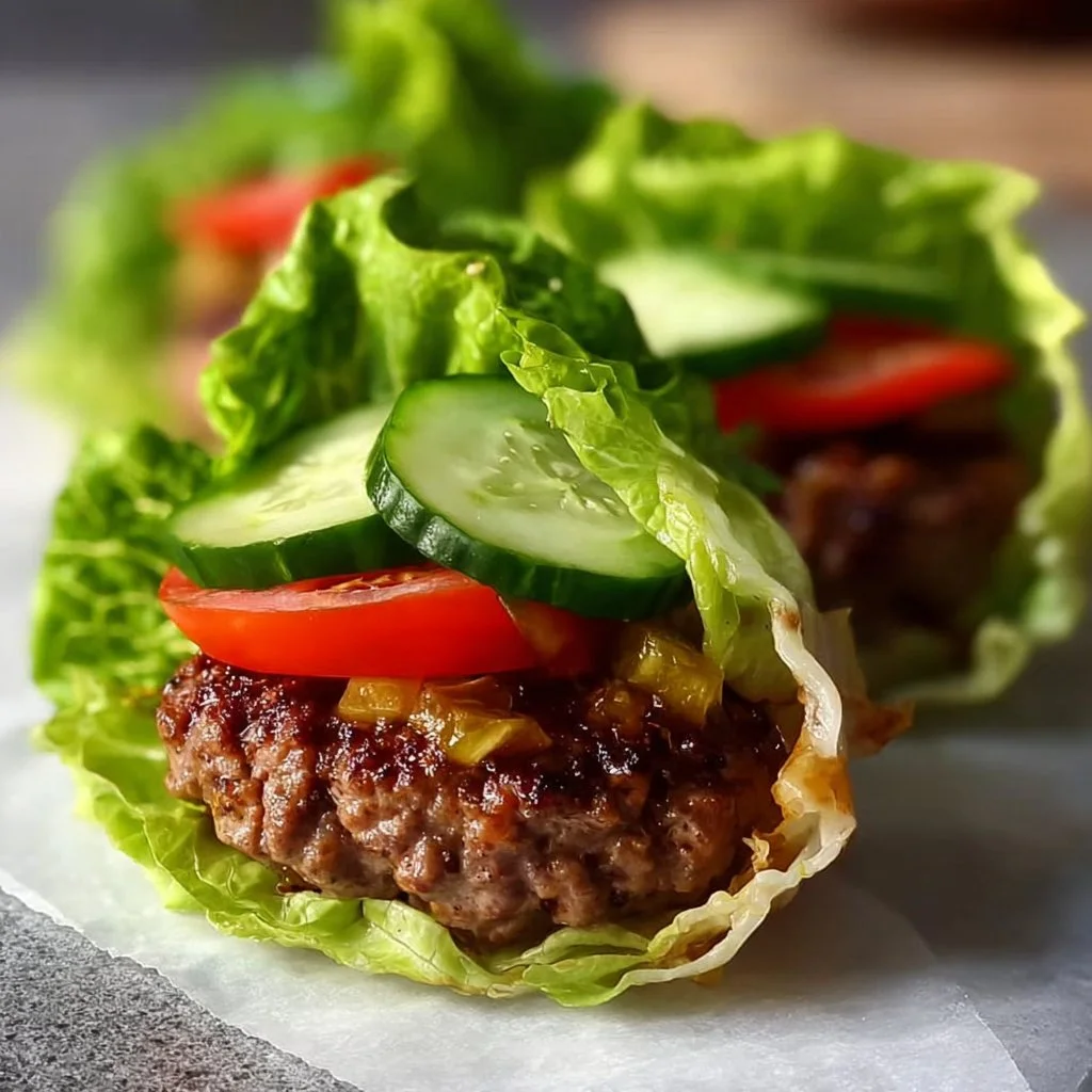 Delicious lettuce wrap burgers served on a plate with fresh toppings.