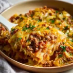 Low carb unstuffed cabbage casserole topped with cheese and fresh herbs