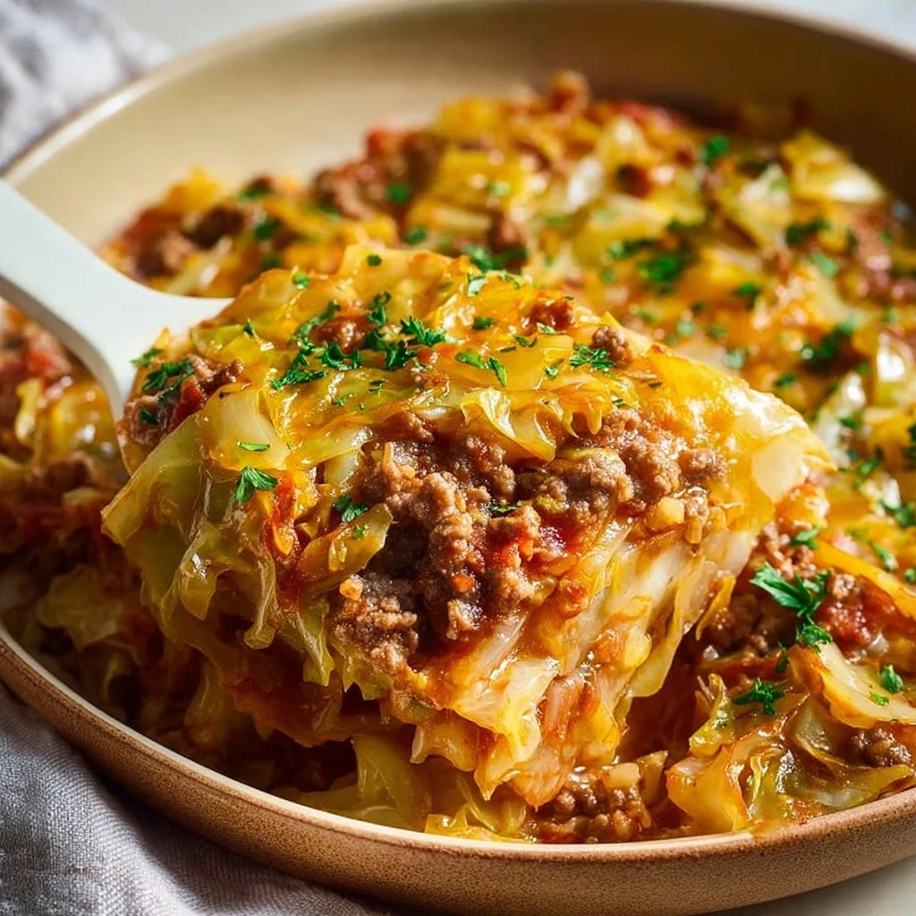 Low carb unstuffed cabbage casserole topped with cheese and fresh herbs