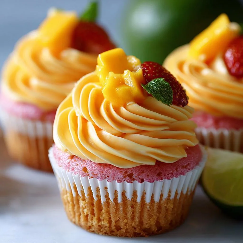 Mango Margarita Cupcakes with vibrant frosting and tropical garnish