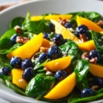 Fresh Mango Salad with Spinach and Blueberries in a vibrant bowl