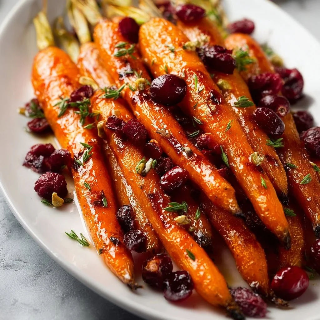 Maple roasted carrots with cranberries served in a bowl.