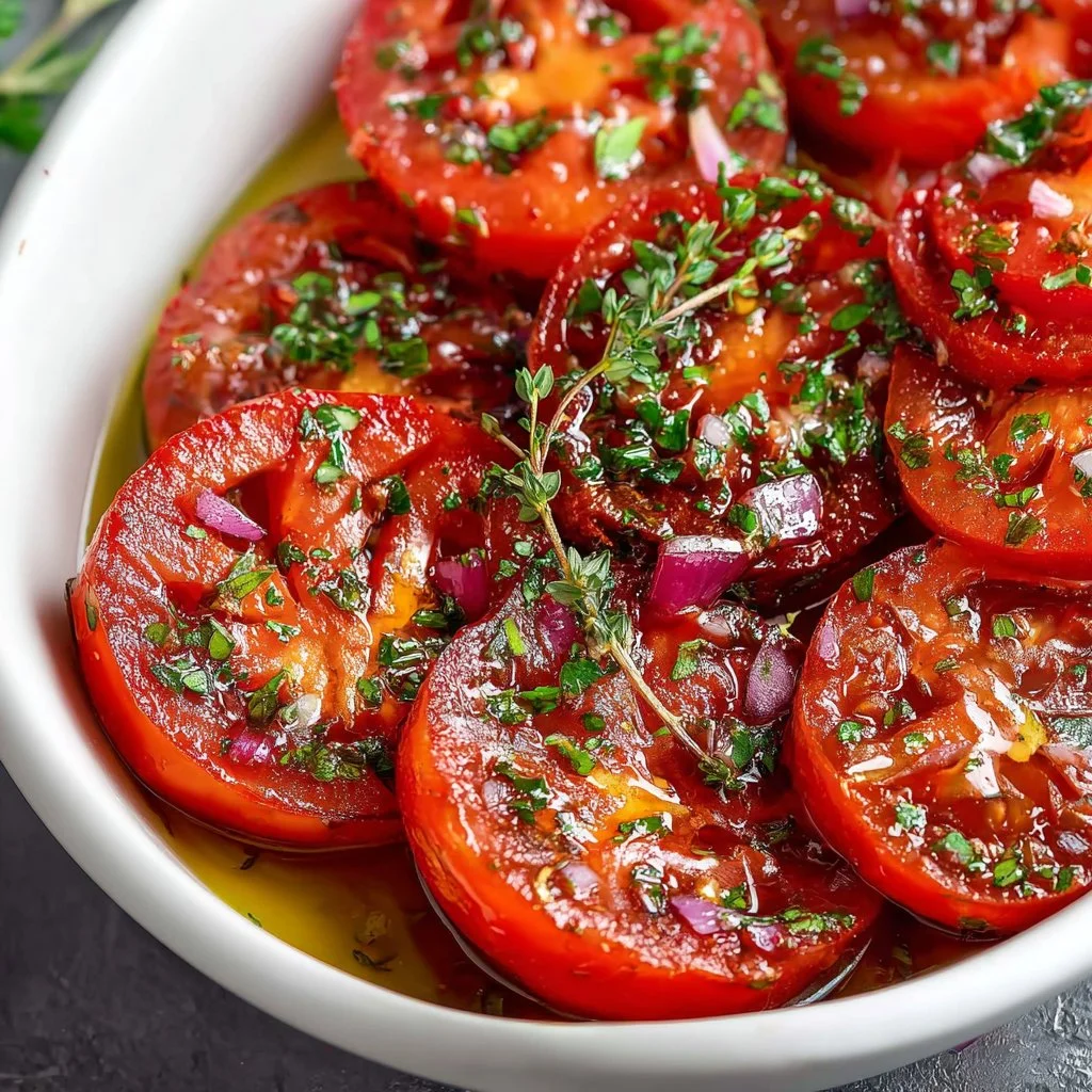 Delicious marinated tomatoes in a bowl, showcasing vibrant colors and herbs.
