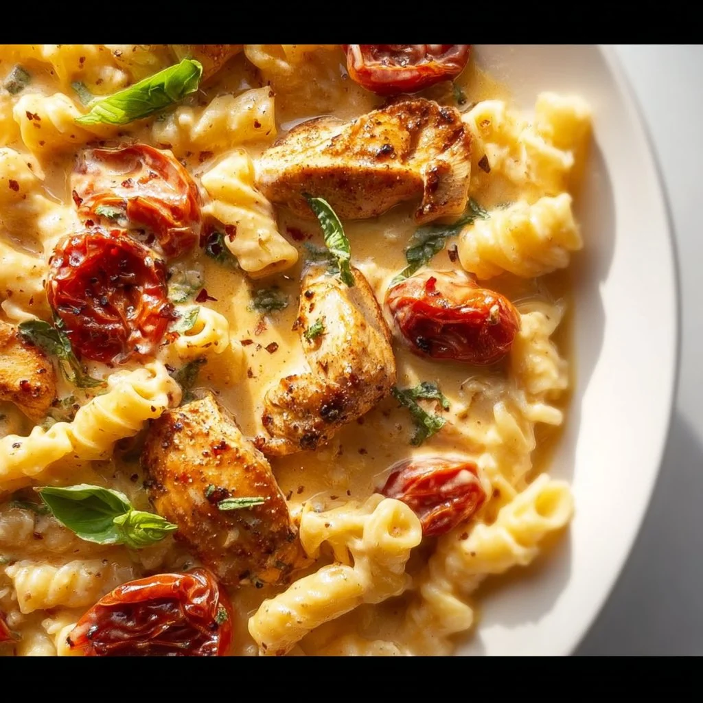 Marry Me Chicken Pasta served in a bowl, garnished with herbs and cheese.