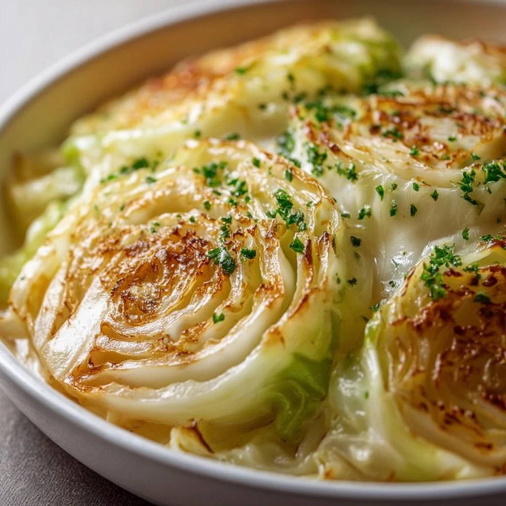 Delicious Marry Me Melting Cabbage served on a plate with garnishes.