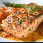 Marry Me Salmon dish beautifully plated with garnishes