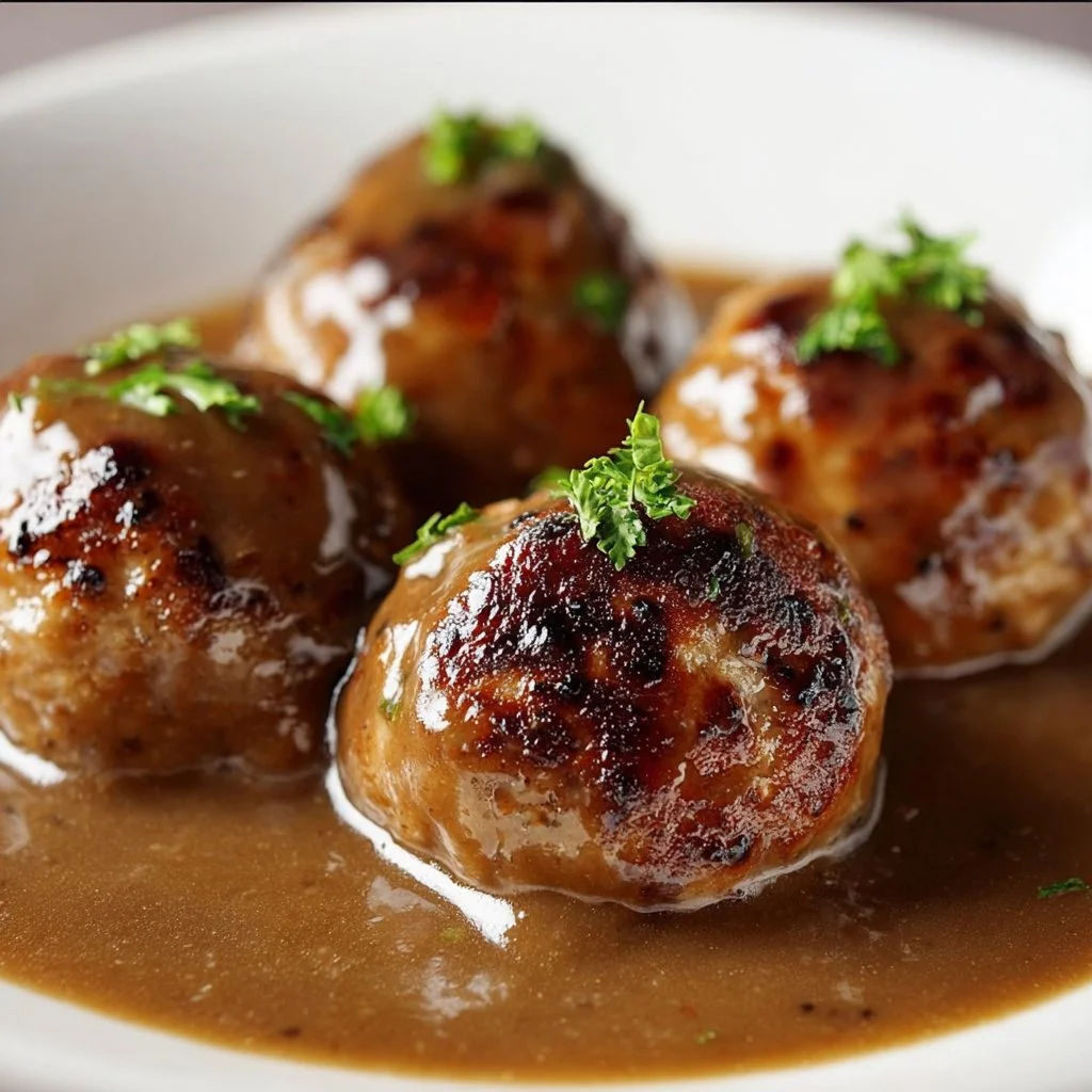 Savory meatballs served in a thick brown gravy dish