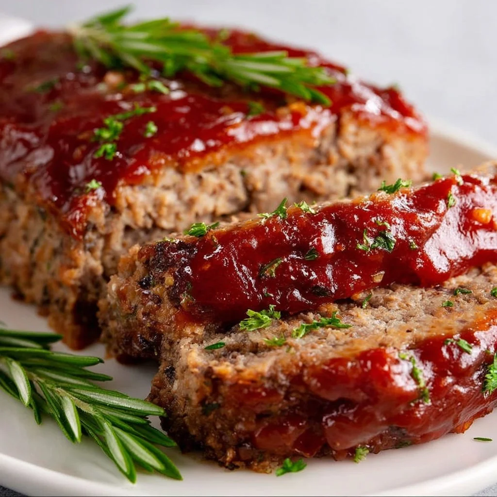 Delicious homemade meatloaf served with mashed potatoes and green beans.