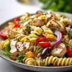 Delicious Mediterranean Chicken Pasta Salad with fresh vegetables and herbs.