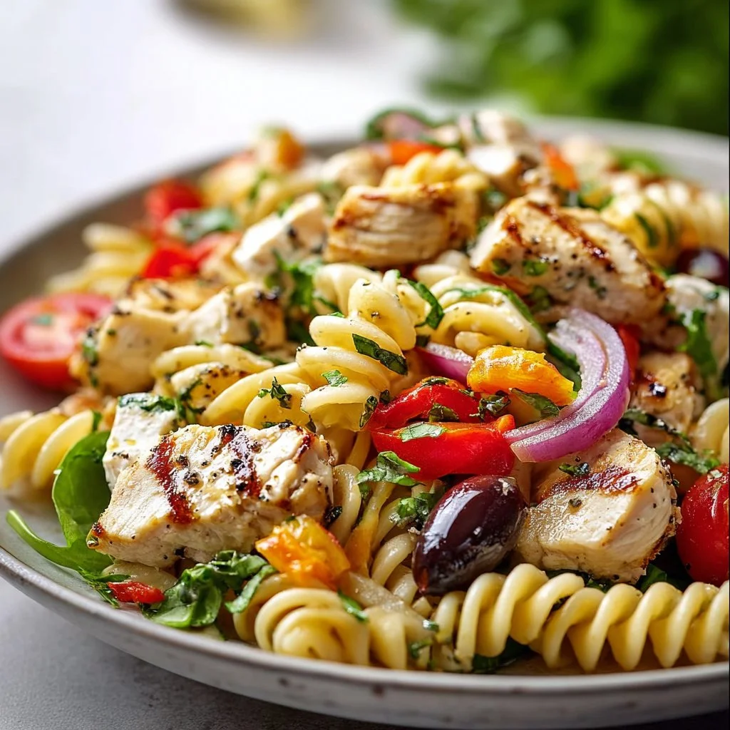 Delicious Mediterranean Chicken Pasta Salad with fresh vegetables and herbs.