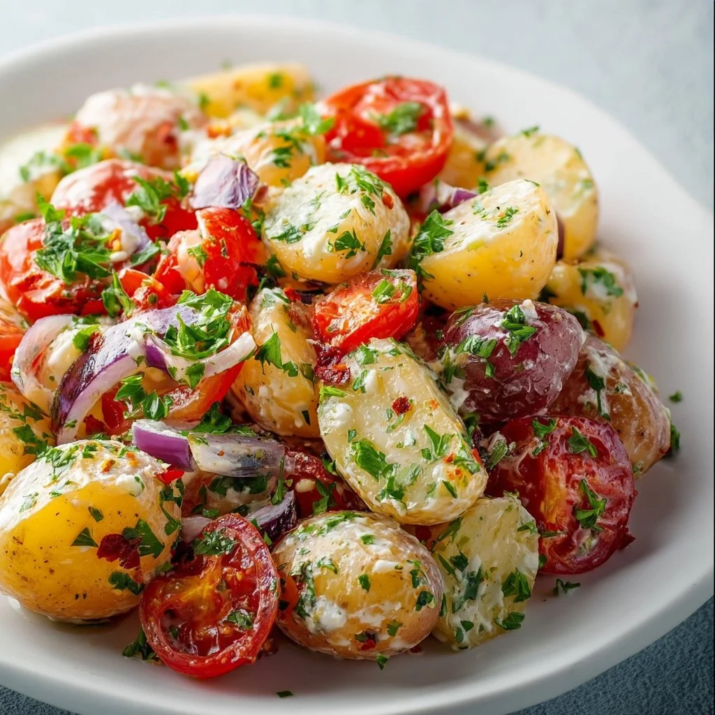 Mediterranean Potato Salad with fresh herbs and vegetables