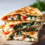 Mediterranean Quesadilla with Spinach 3 Mediterranean Quesadilla with Spinach served on a plate with fresh ingredients